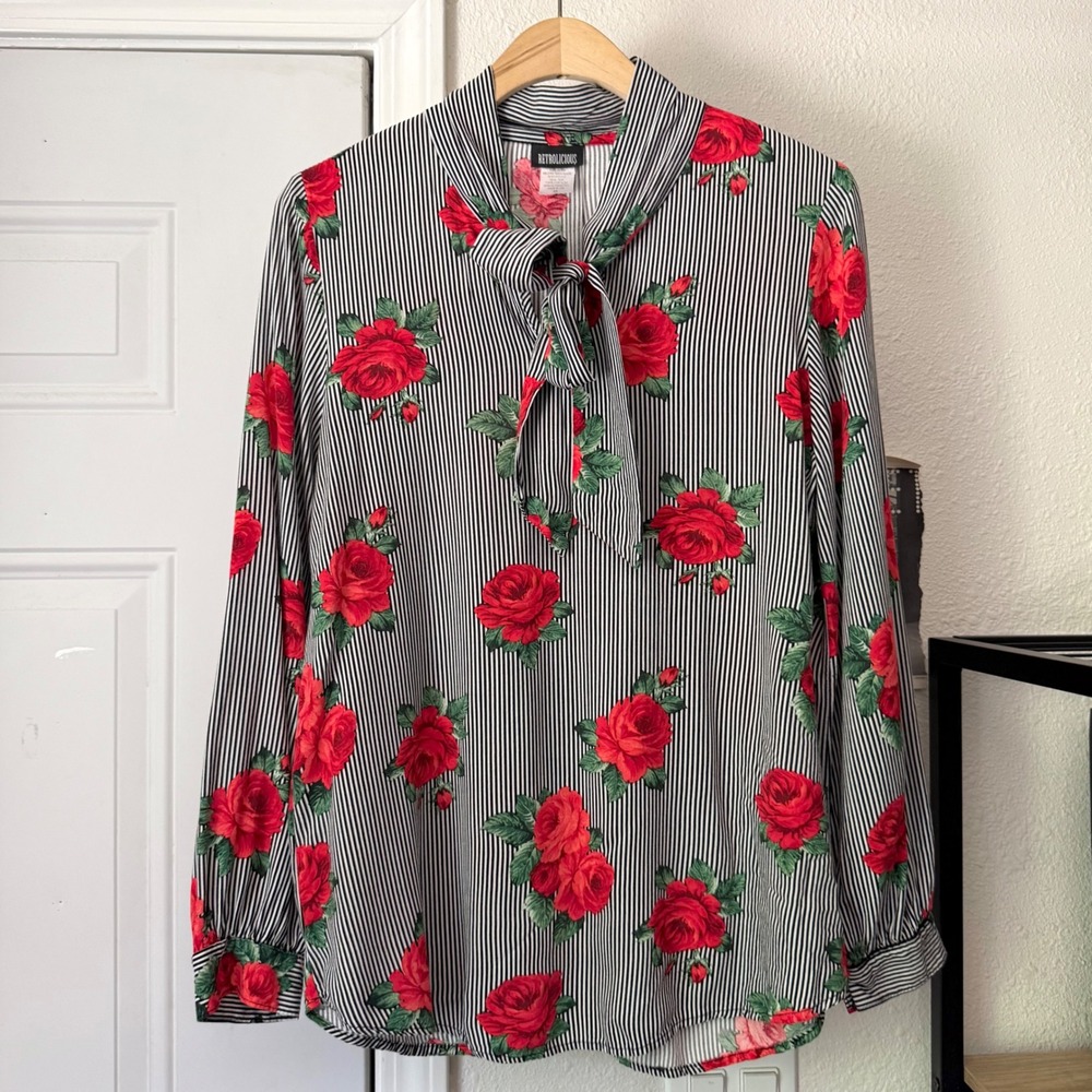 RETROLICIOUS‎ black white red rose striped floral tie neck blouse shirt top